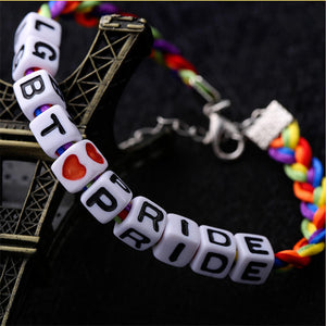 Closeup view of an LGBT pride bracelet made of individual cubes