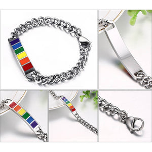 Collage of stainless steel rainbow bracelet images