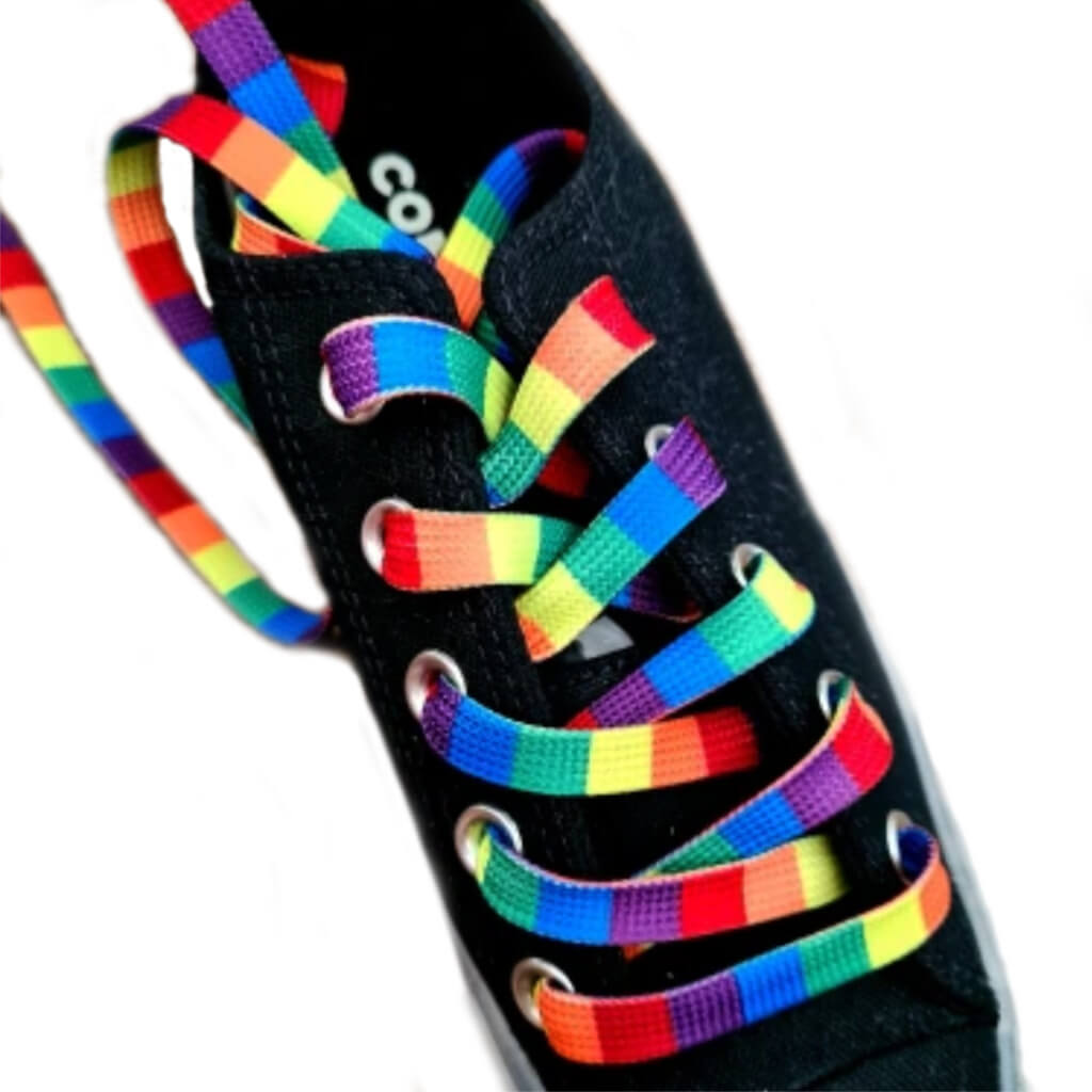 Up close image of rainbow striped shoelaces